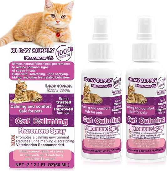 Cat Calming Pheromone Spray, Feline Calm Pheromones Spray- Anti Anxiety Pet Products, Cats Reduces Scratching Furniture Peeing Marking Calming Cat for Travel, Vet Visits - 60 Day Kit (2 * 60 mL)-PawvioPets