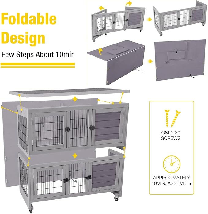 Aivituvin Rabbit Hutch Indoor, Folding Bunny Cage with Two Story, Rabbit Cage with Wheels, Anti Slip Ramp-PawvioPets