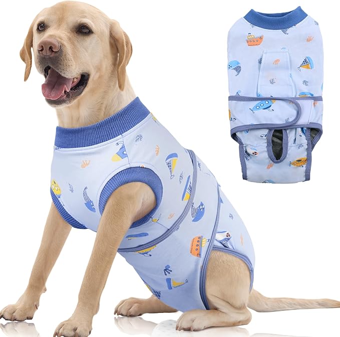 FUAMEY Recovery Suit for Dogs After Surgery,Soft Breathable Dog Bodysuit E-Collar & Cone Alternative Surgical Suit,Male Female Dog Neuter Spay Suits Anti Licking Wounds Onesie Blue Boat XL-PawvioPets