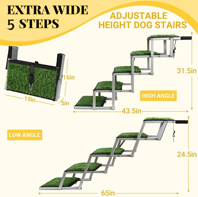 Extra Wide Dog Stairs for Car, Portable Folding Dog Steps for Large Dogs with Non-Slip Grass Rug for Cars, SUV, Trucks, Lightweight Pet Ramps Supports Up to 200 lb, 5 Steps-PawvioPets