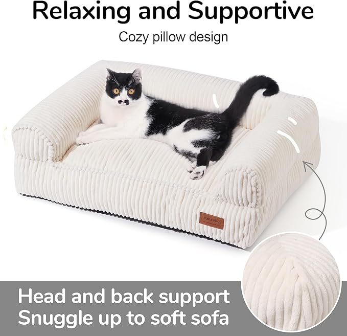 FUKUMARU Dog Couch Bed, Corduroy Cozy Cat Bed for Indoor Cats with Washable Cover, Supportive Waterproof Dog Beds Sofa for Small Dogs and Large Cats Cute, 28inch, Medium, Cream-PawvioPets