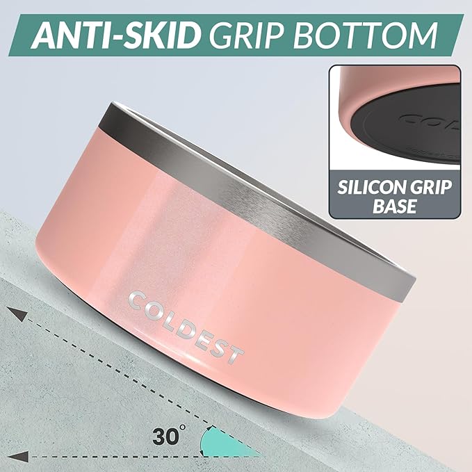 Coldest Dog Bowl - Anti Rust Metal, Non Slip, 3 Layers Insulated Stainless Steel Dog Bowls - Spill Proof & Heavy Duty - Water Bowl for Dogs, Cats, Dish Washer Safe (200 oz, Forever Pink Glitter)-PawvioPets