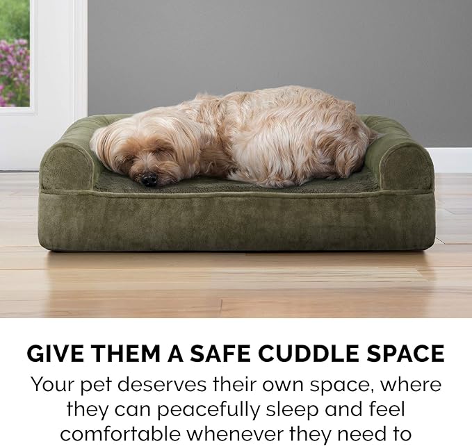 Furhaven Cooling Gel Dog Bed for Large Dogs w/ Removable Bolsters & Washable Cover, For Dogs Up to 125 lbs - Faux Fur & Velvet Sofa - Dark Sage, Jumbo Plus/XXL-PawvioPets