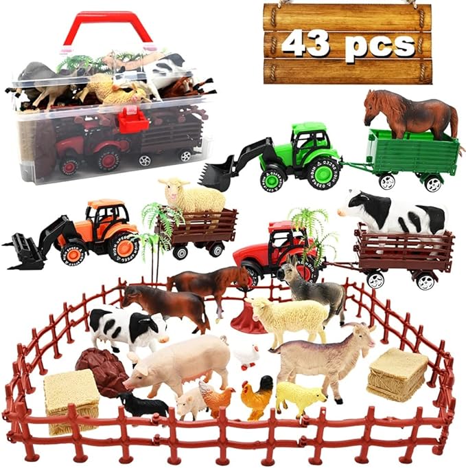 3 Pack Farm Toy Tractor with 40pcs Plastic Animals Figurines and Fence Playset, Farm Figures Farmer Vehicle Toy Truck with Trailer for 3-12 Years Old Kids Boys Girls Toddlers-PawvioPets