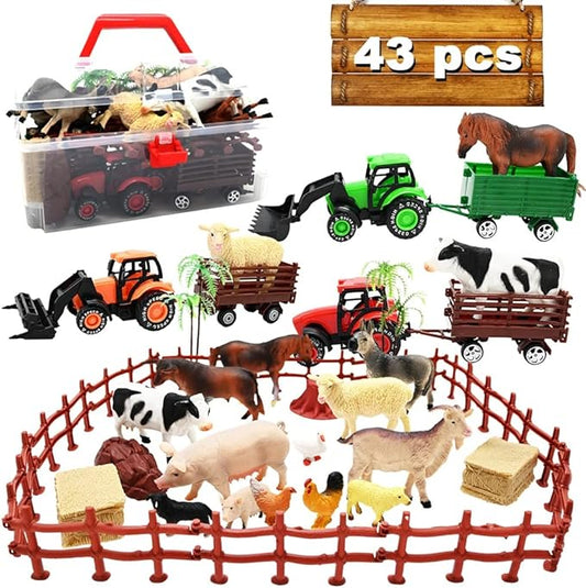 3 Pack Farm Toy Tractor with 40pcs Plastic Animals Figurines and Fence Playset, Farm Figures Farmer Vehicle Toy Truck with Trailer for 3-12 Years Old Kids Boys Girls Toddlers-PawvioPets