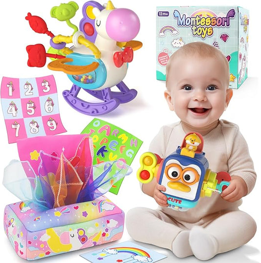 3 in1 Baby Toys 12 to 18 Months - Busy Board Sensory Toys, Tissue Box Toy, Pull String Teether, Learning Toy for Babies, Infant Gifts for 12 18 Months Old-PawvioPets