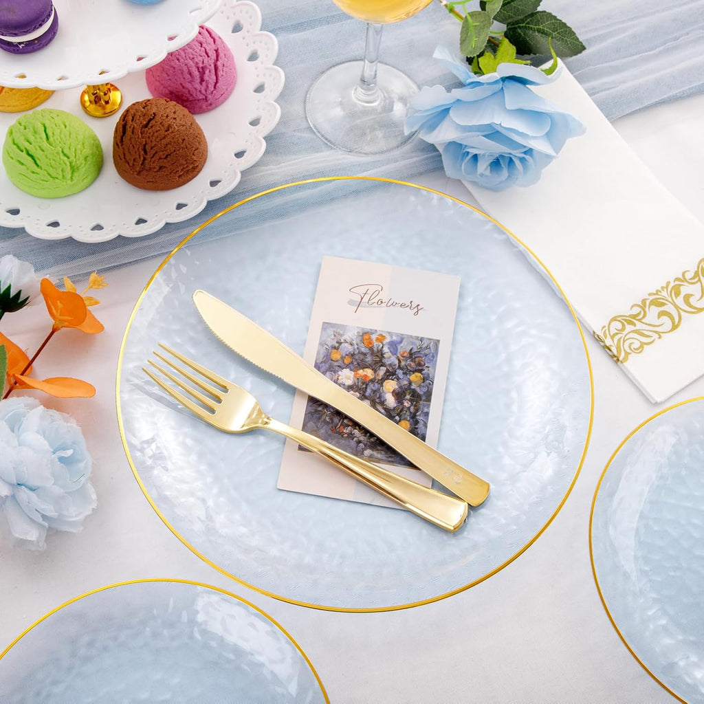 Rubtlamp 175 Pcs Plastic Dinnerware Set (25 Guests), Blue Disposable Plates With Gold Rim, Hammered Party Plates Set Include Dinner Platos, Dessert Platos, Cups, Cutlery And Napkins for Party