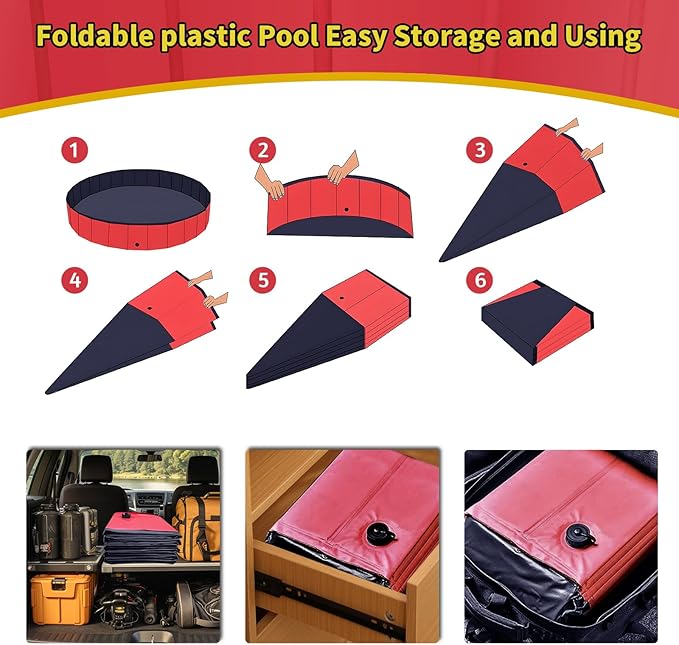 Foldable Dog Pool, 55" x 12" Kiddie Pool with Hard Plastic, Non-Slip Dog Bath Tub for Outdoor Backyard, Collapsible Dog Swimming Pool for Kids Dogs Pets (Red)-PawvioPets