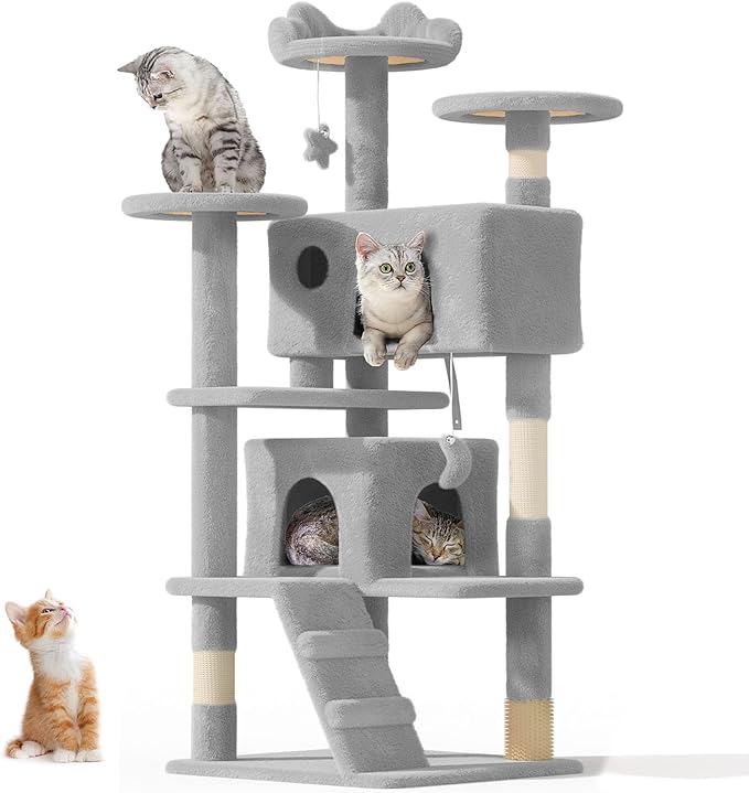 54" Cat Tree Tower for Indoor Cats Large Adult,Cute/Tall Modern Cat Tree for Big Cats 20 lbs, Plush Multi-Level Cat Condo with Scratching Posts, Dangling Ball for Fun (Light Gray, 54 inch)-PawvioPets