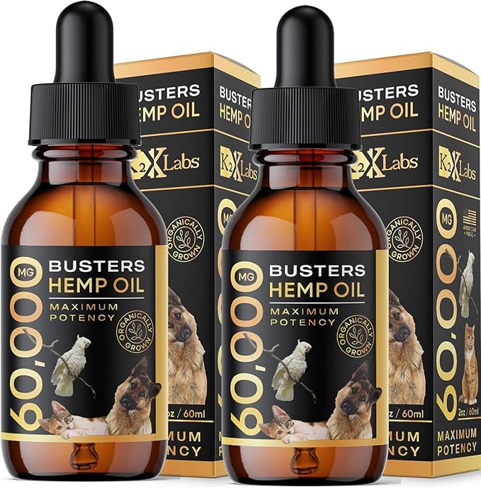 Buster's Organic Hemp Oil Large 60 Milliliters 2Pack 4Month Supply for Dogs Cats Max Potency Made in USA Omega Rich 3 6 and 9 Hip and Joint Health, Natural Relief, Calming-PawvioPets