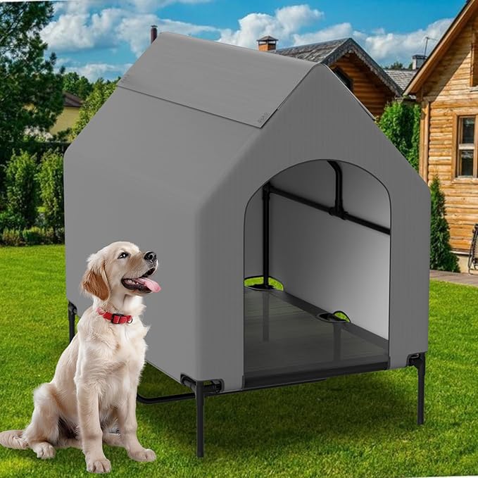 48” Extra Large Dog House-2-in-1 Extra Large Dog House with 8.5” Elevated Dog Bed-Weatherproof Waterproof Outdoor Dog House,Easy to Clean-PawvioPets