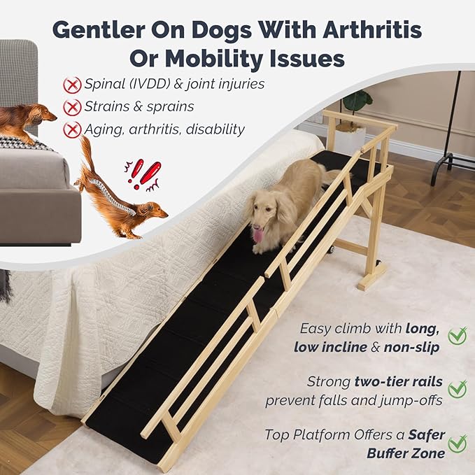 Dog Ramp for Bed or Couch, Wooden Pet Ramp with 20° Gentle Slope, Removable Side Rails, Non-Slip Surface, Top Platform & Wheels, Safe Bed Ramp for Small, Medium & Senior Dogs, 74" Long, Natural-PawvioPets