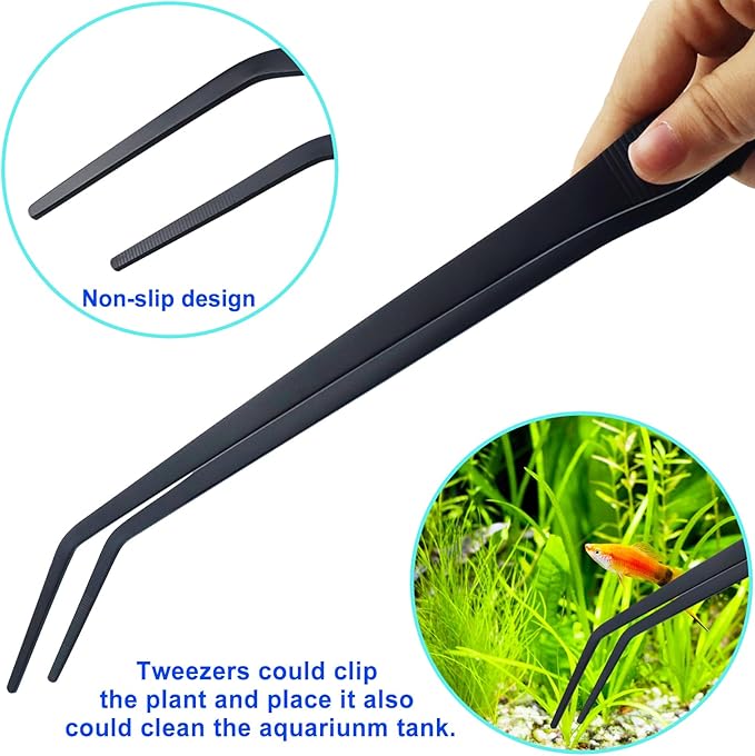 Aquarium Aquascape Tools Kit, Long 15 Inch Stainless Steel Aquatic Plants Tools, 4 in 1 Anti-Rust Black Aquascaping Tweezers Scissors Spatula Scrapers Tool Set for Fish Tank Cleaning Plant Trimming-PawvioPets