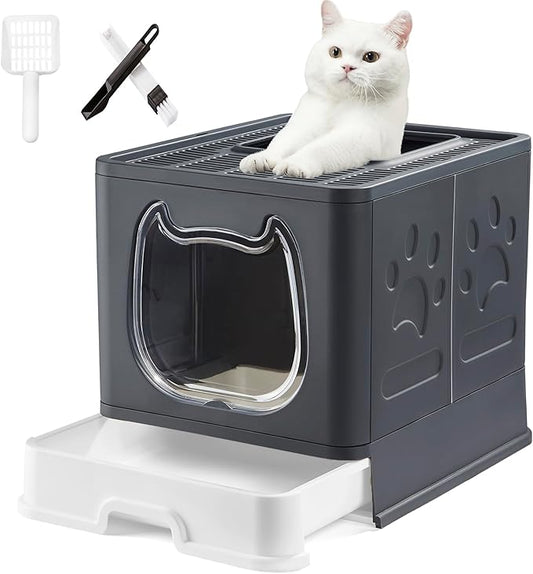Gefryco Litter Box with Lid for Small to Medium Cats, Enclosed Cat Litter Box with Cover，High Sided Top Entry Cat Box with Brush and Scoop, Cute Kitty Litter Pan with Drawer for Growing Kitten(Black)-PawvioPets