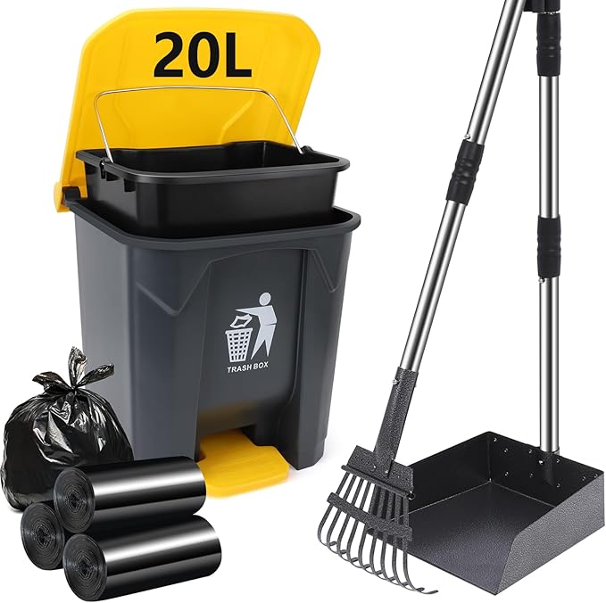 Dog Pooper Scooper, 20L Large Dog Poop Trash Can Outside with Removable Inner Bucket, Poop Trash Can for dog Outdoors with 90 Waste Bags, 37inch Long Handle Stainless Metal Tray & Rake-PawvioPets