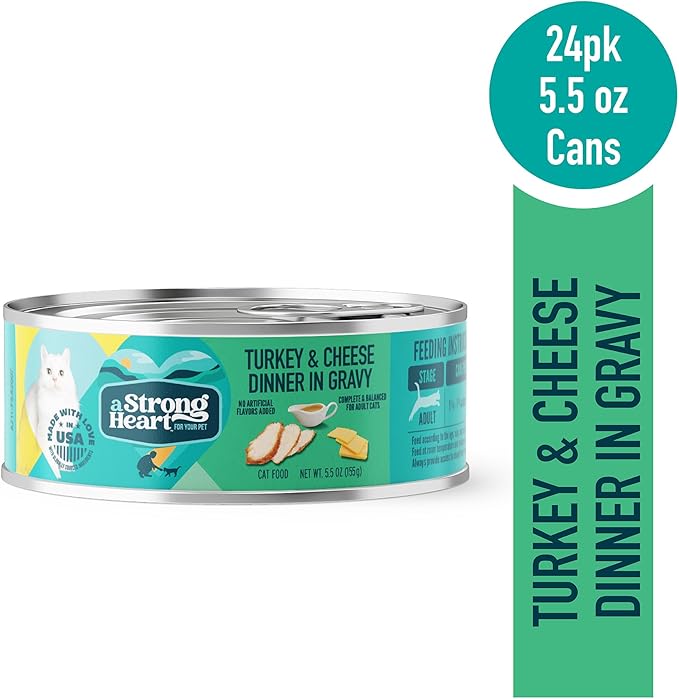 A Strong Heart Canned Wet Cat Food, Turkey & Cheese Dinner in Gravy - 5.5 oz Cans (Pack of 24), Made in The USA with Real Turkey-PawvioPets