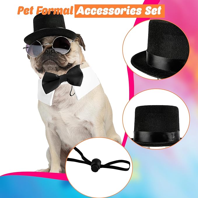 4 Pcs Pet Formal Halloween Costume Accessories Dog Wedding Bow Tie Top Hat Puppy Gentleman Costume for Small Medium Dogs Cats Halloween Party-PawvioPets