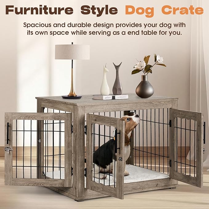 Dog Crate Furniture with Cushion, 32 inch Wooden Kennel Table with Double Doors, Indoor Dog House End Table for Small/Medium Dog, Grey (32x23x26in)-PawvioPets