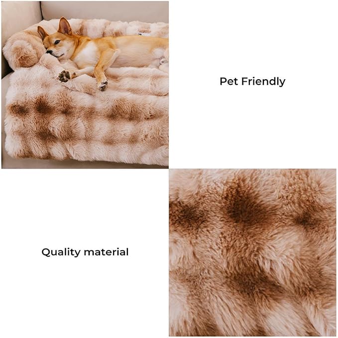 FUNNY FUZZY Pet Fluffy Plush Calming Dog Couch Bed Sofa Protector Washable Pets Mat for Large Medium Small Dogs and Cats (Tie-dye Brown,47.24 × 37.4 × 6.3 in)-PawvioPets
