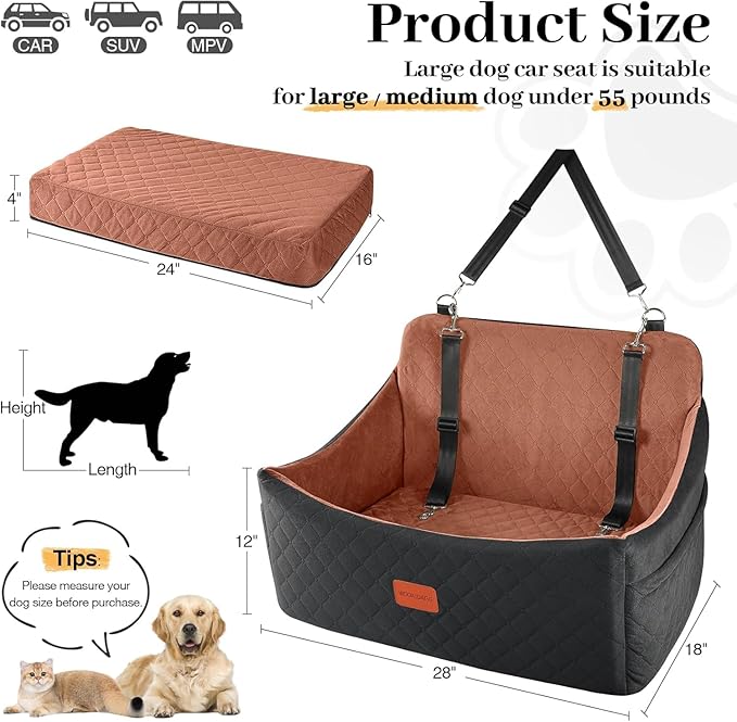 Dog Car Seat for Medium & Large Dogs Up to 55lbs, Memory Foam Cushion, Washable Cover, Safety Straps & Non-Slip Bottom(Black/Brown,Large)-PawvioPets