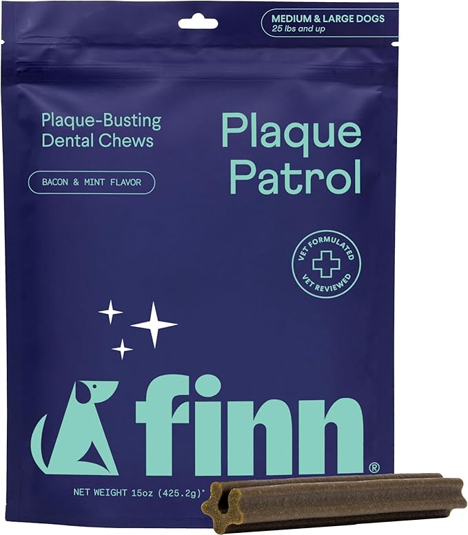 Finn Plaque Patrol Dental Chews | Triple-Action Defense Against Plaque, Tartar, and Bad Breath | for Medium/Large Dogs, 25+ lbs-PawvioPets