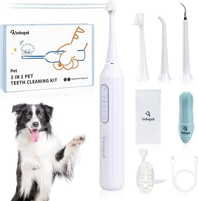 Dog Tooth Brushing Kit,3-in-1 Dog Teeth Cleaning Tools,Ultrasonic Electric Toothbrush & Plaque Remover for Dogs with Water Flosser for Teeth,2 Modes & 3 Intensity Levels,IPX7,1100mAh Battery-PawvioPets