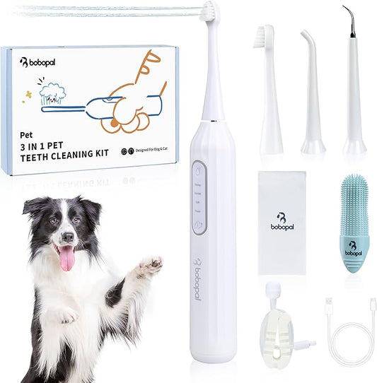 Dog Tooth Brushing Kit,3-in-1 Dog Teeth Cleaning Tools,Ultrasonic Electric Toothbrush & Plaque Remover for Dogs with Water Flosser for Teeth,2 Modes & 3 Intensity Levels,IPX7,1100mAh Battery-PawvioPets