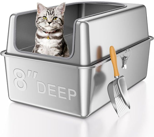 14'' High Sides XXL All Stainless Steel Cat Litter Box with Lid,XL Deep Metal Litter Box for Big Cats,Extra Large Litter Boxes with High Wall Enclosure,Anti-Leakage,Never Absorbs Odors,Non-Sticky-PawvioPets