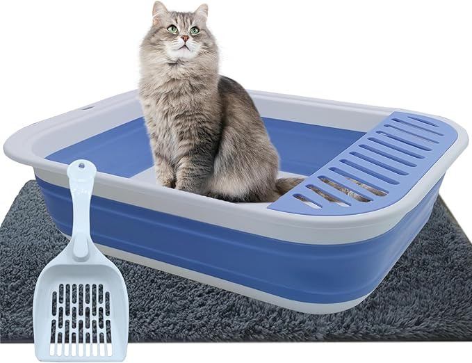 Collapsible Small Cat Litter Box,Open Top Cats Litter Pan with Scoop Foldable Shallow Kitten Potty Toilet Waterproof Cat Travel Litterbox Anti-Splashing Low Entry Semi-Enclosed Easy Clean(Blue)-PawvioPets