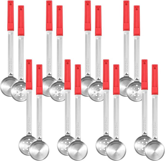 16 Pcs Portion Control Serving Spoons, Restaurant Measuring Serving Ladle Utensils, Portion Control Slotted Scoops for Weight Loss, Solid and Perforated Scoops(Red,2 oz)-PawvioPets