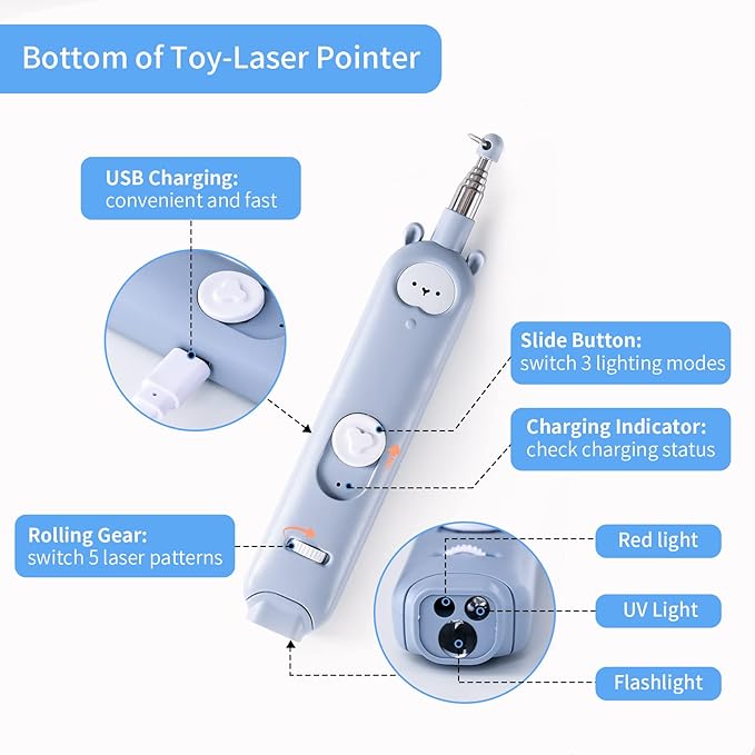 Cat Laser Toys, 2 in 1 Laser Pointer Cat Toys,Internative Cat Toys for Indoor Cats,3+5 Light Modes Cat Wand Toy, Retractable Cat Feather Toys, Long Range Kitten Toys,USB Rechargeable (Blue)-PawvioPets