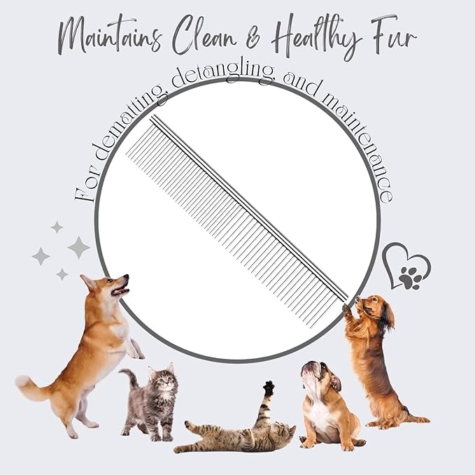 Flexzion Pet Grooming Comb Stainless Steel Cats Dogs Puppy Medium Animals Hair Fur Trimmer Deshedding Brush Accessory Tool with Smooth Teeth Needle Durable Lightweight-PawvioPets