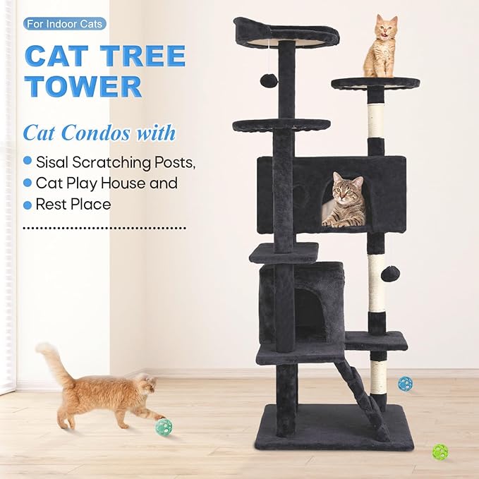 FDW Cat Tree 54in Cat Tower Multi-Level Durable Cat Scratching Post & Cozy Fun Cat Jumping Platform Space Saving Cat Condo Pet Play House for Indoor Cats,Dark Gray-PawvioPets