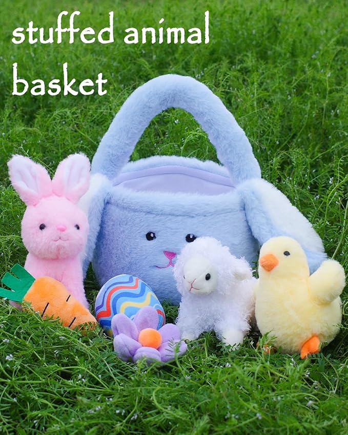 7 Piece Plush Stuffed Animals Playset Toys with Rabbit, Chick, Lamb, Carrot, Egg, Flower, Furry Bag, Soft Basket Set Toys for Girls Kids Ages 3+, Birthday Christmas Valentines Easter Party Favors-PawvioPets