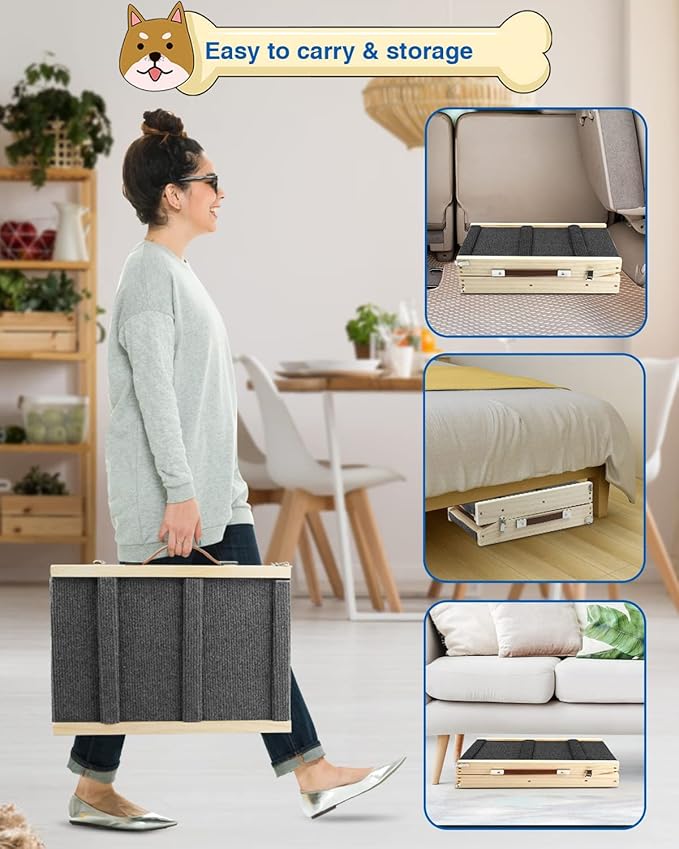 Adjustable Dog Ramp, Wooden Folding Portable Pet Ramp,Rated for 30 LBS, 32.6" Long and Adjustable from 10" to 19" with Non-Slip Traction Mat, Dog Step for Bed, Couch,Car (Grey)-PawvioPets