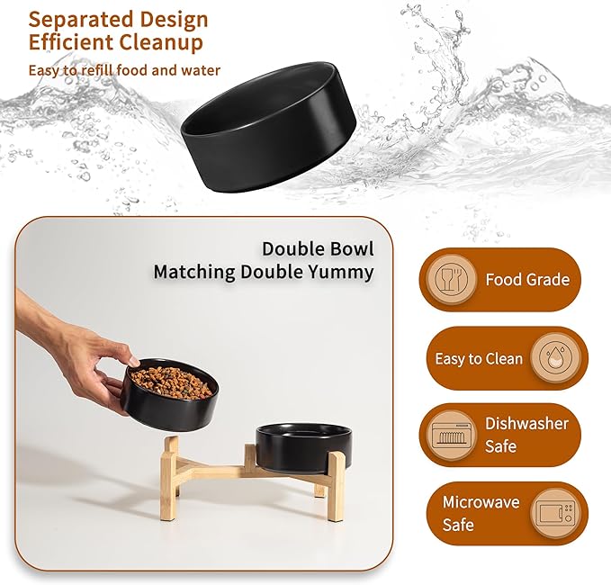 Elevated Ceramic Dog Bowl Set - Raised Feeding Bowls with Non-Slip Bamboo Stand - Small Pet Dishes for Food and Water - Ideal for Cats and Puppies - 16.23 OZ - 2 Cups - 480 ML-PawvioPets