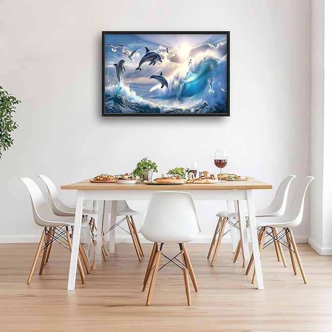 Dolphin Seagull Large Wall Art Sea Ocean Waves Sunrise Pictures Wall Decor Nautical Coastal Canvas Print Painting Artwork for Bathroom Living Room Bedroom 36L" x 24W"-PawvioPets