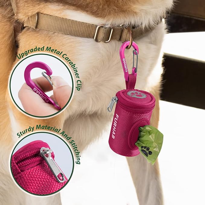 Dog Poop Bag Holder for Leash Doggie Waste Bag Dispenser Soft Fabric Puppy Potty Carrier Small Doggy Zipper Pouch with Carabiner Clip 1680D Nylon Oxford with 1 Roll of Pet Trash Bags, Rose Red-PawvioPets