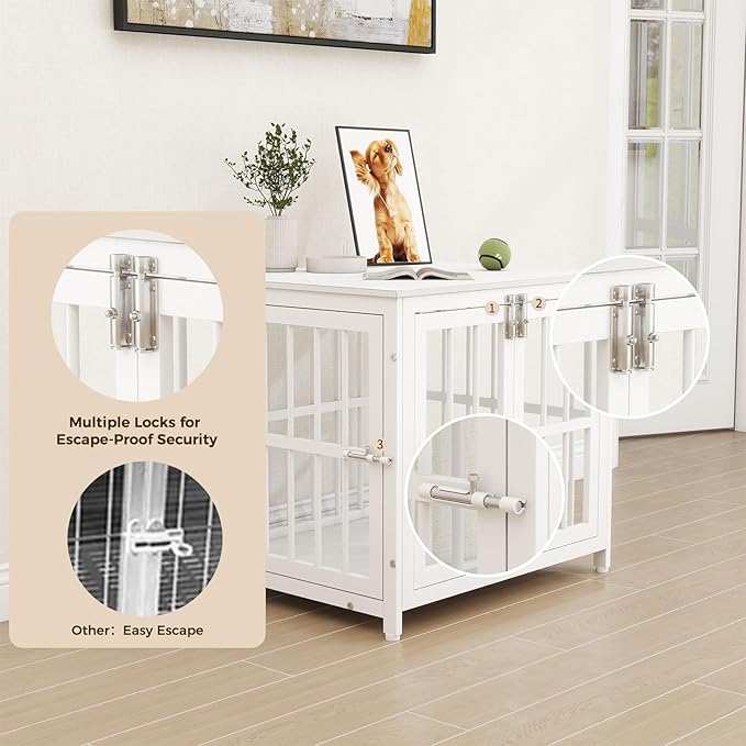 26 Inch Heavy Duty Wooden Dog Kennel End Table with Double Door Design and Secure Locks, Indoor Pet Crate Furniture for Small Dogs, Decorative Home Cage Design,White-PawvioPets