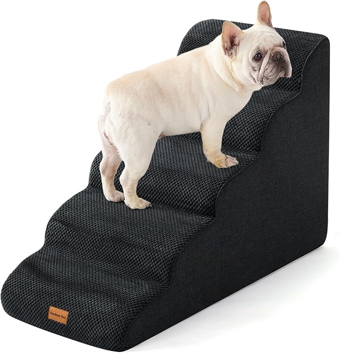 Gardner Pet Dog Stairs for Small Dogs 22.8" H, 5-Step Black Curved Pet Stairs, Dog Steps for High Bed, Couch (24-30 in) with Durable Non-Slip Waterproof Fabric Cover and CertiPUR-US Certified Foam-PawvioPets