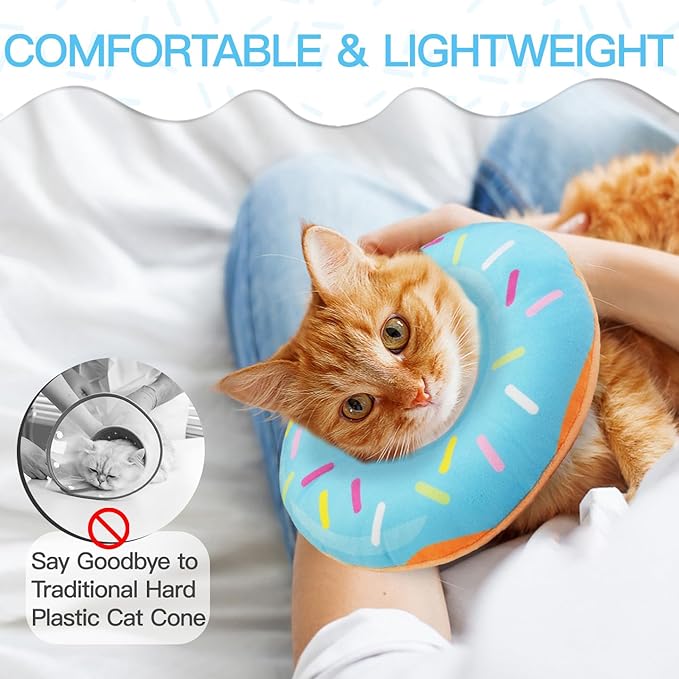 Cat Cone Collar Soft, Cute Cat Donut Collar After Surgery, Adjustable Kitten Recovery Cones to Stop Licking, Lightweight Neck Elizabethan Collars for Cats Kittens (Blue, Small)-PawvioPets