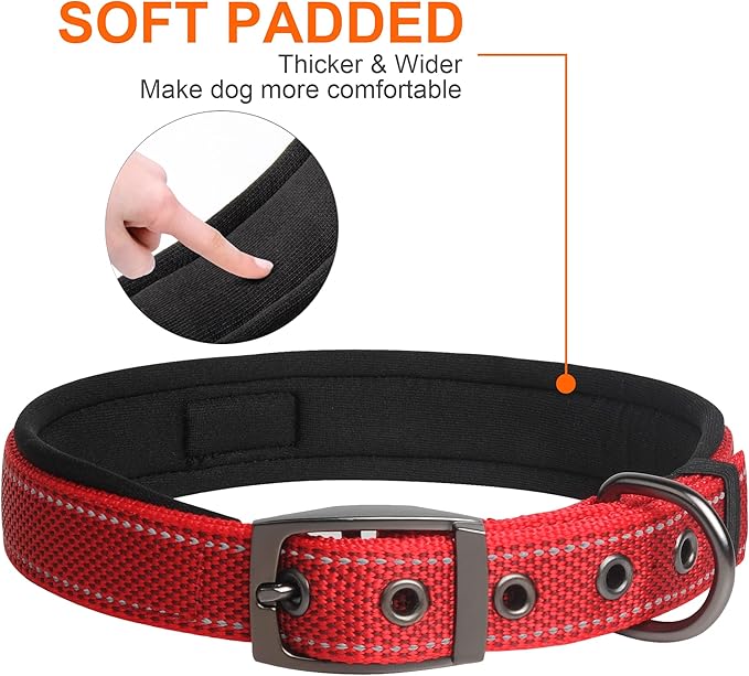 Fida Heavy Duty Dog Collar, Ultra Comfortable Soft Neoprene Padded, Adjustable Reflective Nylon Pet Collar with Durable Metal Belt Buckle for Small Breeds (S, Red)-PawvioPets