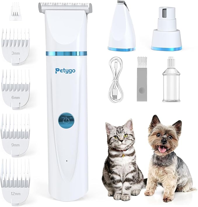 3-in-1 Dog & Cat Grooming Kit - Rechargeable Cordless Pet Hair Clippers with Nail Grinder & Paw Trimmer & 5 Guide Combs, Low Noise Dog Clippers for Grooming Small Medium Pets-PawvioPets