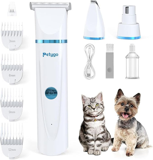 3-in-1 Dog & Cat Grooming Kit - Rechargeable Cordless Pet Hair Clippers with Nail Grinder & Paw Trimmer & 5 Guide Combs, Low Noise Dog Clippers for Grooming Small Medium Pets-PawvioPets