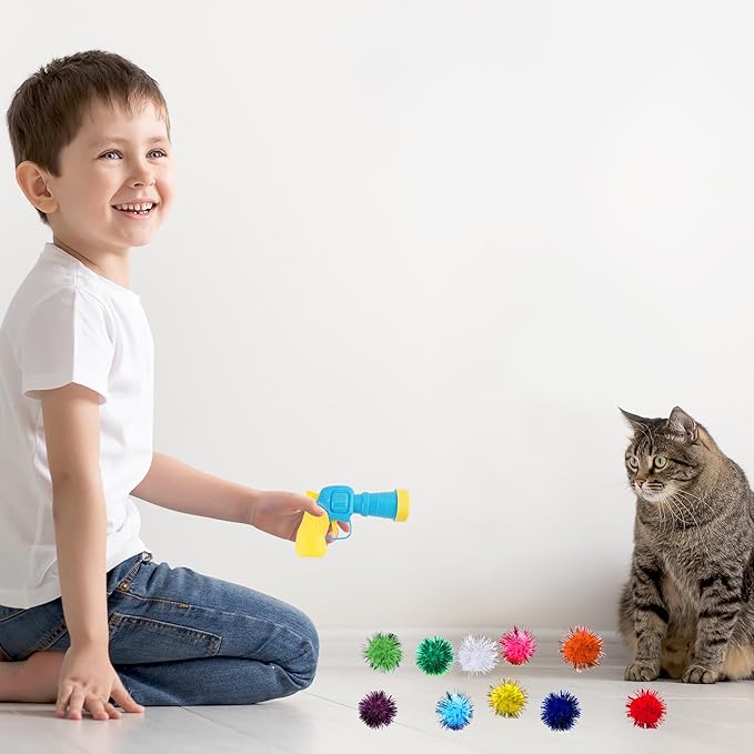 Dorhui Cat Toy Gun Launcher - 30 Pcs Sparkle Pom Pom Balls and Ball Launcher, Fetch Toy Gun Shooter, Interactive Glitter Balls for Indoor Cats and Kitty Gifts-PawvioPets