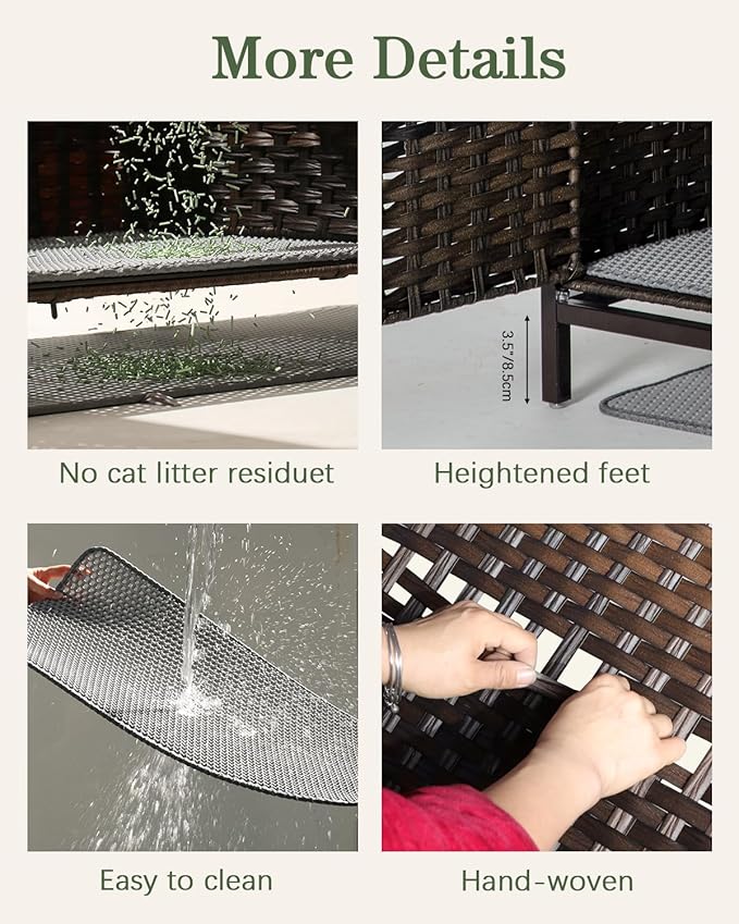 Cat Litter Box Enclosure Furniture with Divider, Handwoven Rattan Litter Box with Mat, 31.2 x 19.6 x 24.2 Inches, Metal Heightened Feet, Hidden Cat House for Living Room, Bedroom (Brown)-PawvioPets