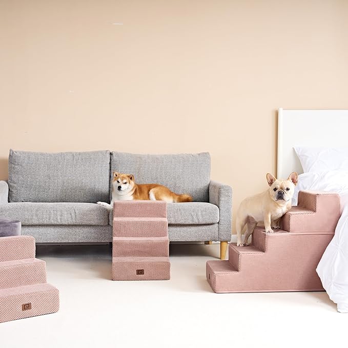 EHEYCIGA Dog Stairs for Bed 18" H, 4-Step Dog Steps for High Bed, Pet Steps for Small Dogs and Cats, Non-Slip Balanced Pet Ramp Indoor, Pink-PawvioPets