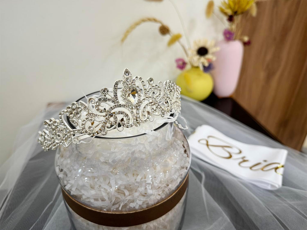 JETKONG 3 Pcs Bachelorette Party Decorations Bridal Shower Crown, Bride to Be Sash&Veil for Women Bachelorette Party Gifts, Bachelorette Party Supplies, Gifts, Favors (Silver)