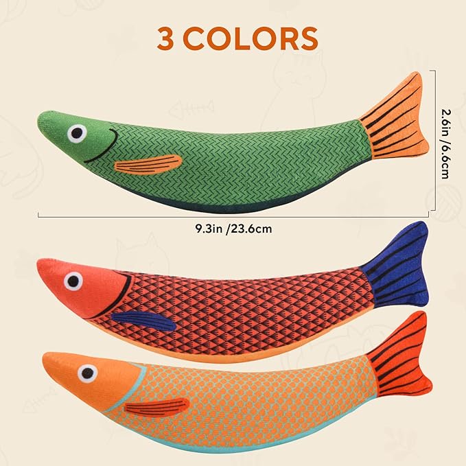 AUSCAT Cat Catnip Toys, 3PCS Catnip Fish Toy for Cats, Cat Kicker Toys with Crinkle Sound, Interactive Plush Soft Cat Toys for Indoor Cats and Kittens-PawvioPets