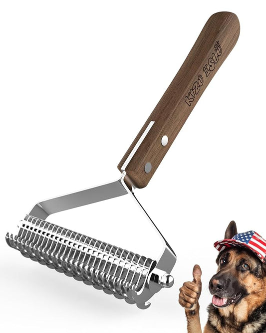 Extra Large 2-Sided Undercoat Rake for Dogs & Cats, Dog Brush for Shedding Remove Mats, Dematting Comb, Safe & Gentle Grooming Brush for German Shepherds Medium to Long-Haired Pets (Walnut Handle)-PawvioPets